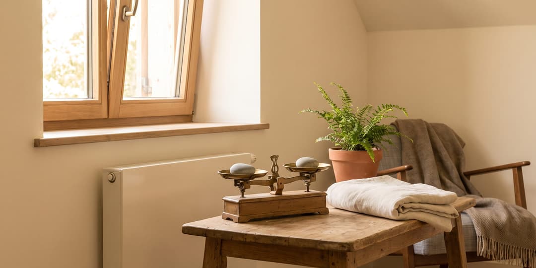 A wooden side table holding an antique brass balance scale with two stones, a folded linen towel, and a potted fern beside a tilt-and-turn window with a radiator below it.