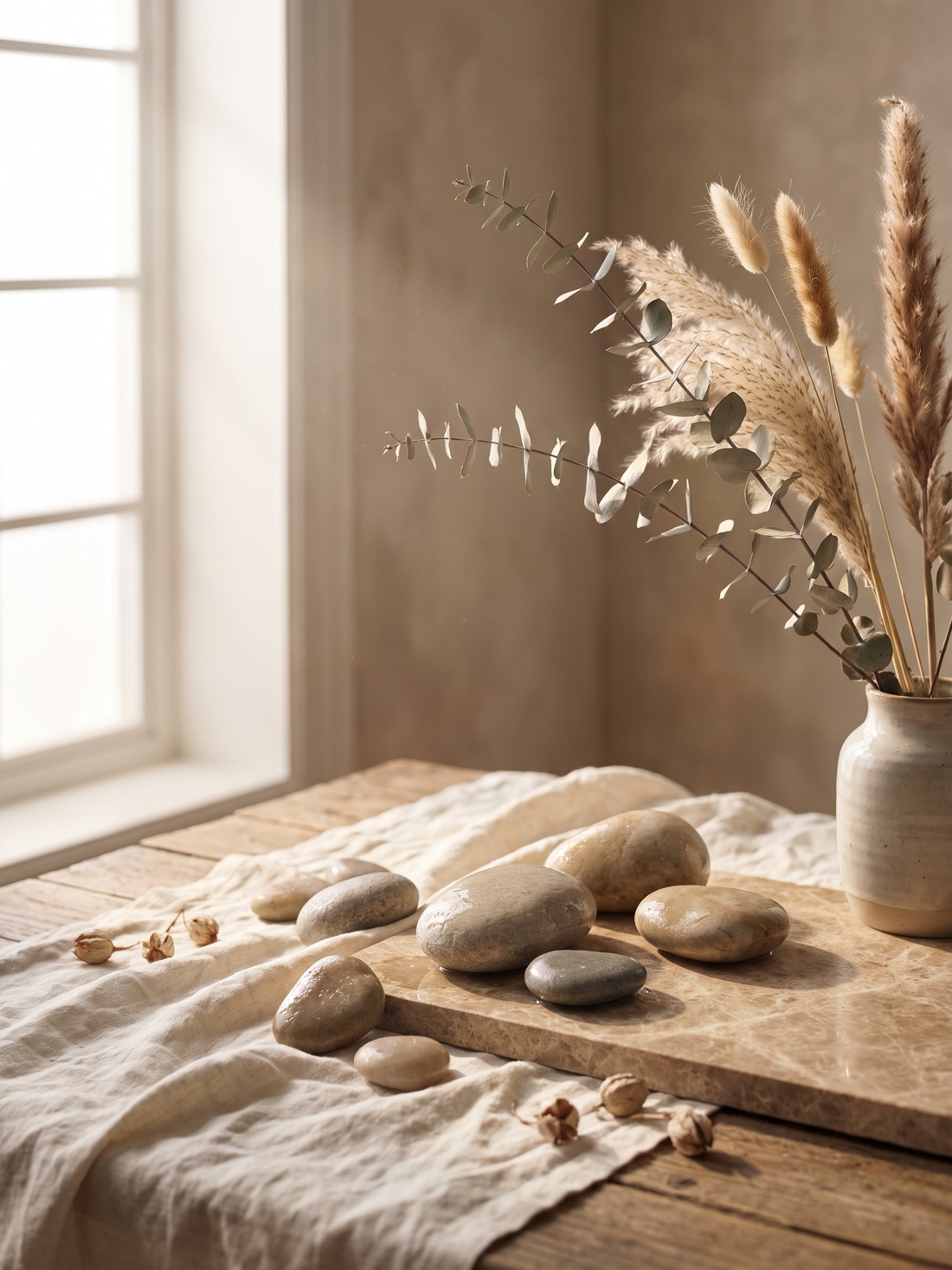 Botanical still life in soft taupe and bronze tones