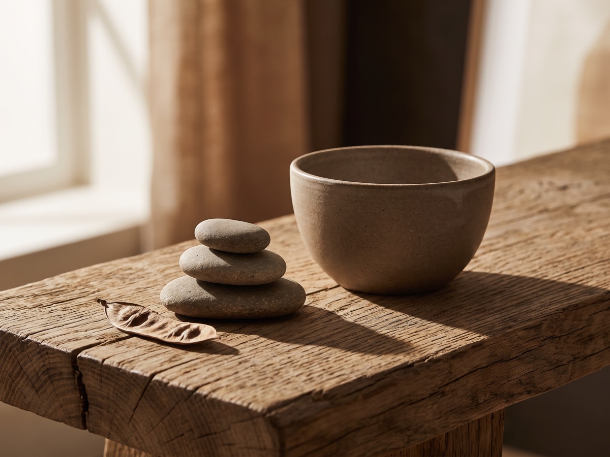 Smooth stacked stones and a stoneware bowl on a rough wooden bench