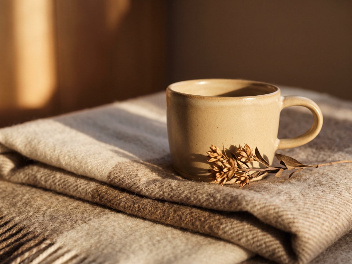 A stoneware cup and dried floral sprig resting on a folded wool throw