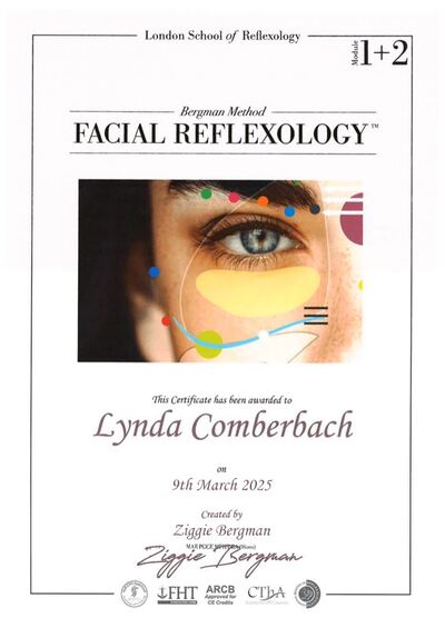 Bergman Method Facial Reflexology Modules 1 and 2 certificate awarded to Lynda Comberbach by the London School of Reflexology, 2025