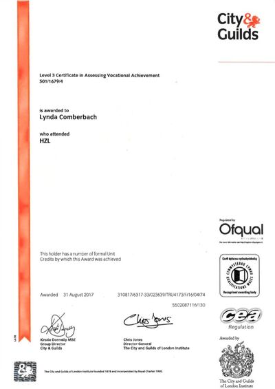 City and Guilds Level 3 Certificate in Assessing Vocational Achievement awarded to Lynda Comberbach, 2017
