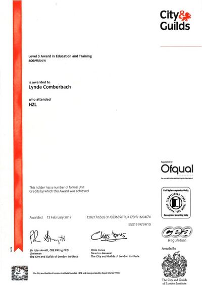 City and Guilds Level 3 Award in Education and Training awarded to Lynda Comberbach, 2017