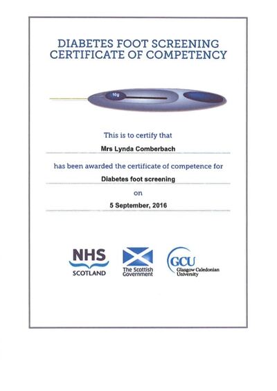 Diabetes Foot Screening Certificate of Competency awarded to Lynda Comberbach by NHS Scotland and Glasgow Caledonian University, 2016