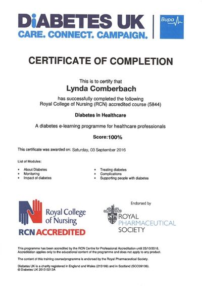 Diabetes in Healthcare certificate awarded to Lynda Comberbach, RCN accredited and endorsed by the Royal Pharmaceutical Society, 2016