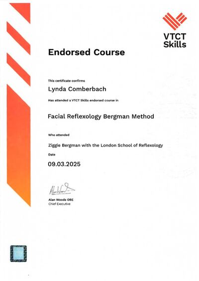 VTCT Skills endorsed course certificate in Facial Reflexology Bergman Method awarded to Lynda Comberbach, 2025
