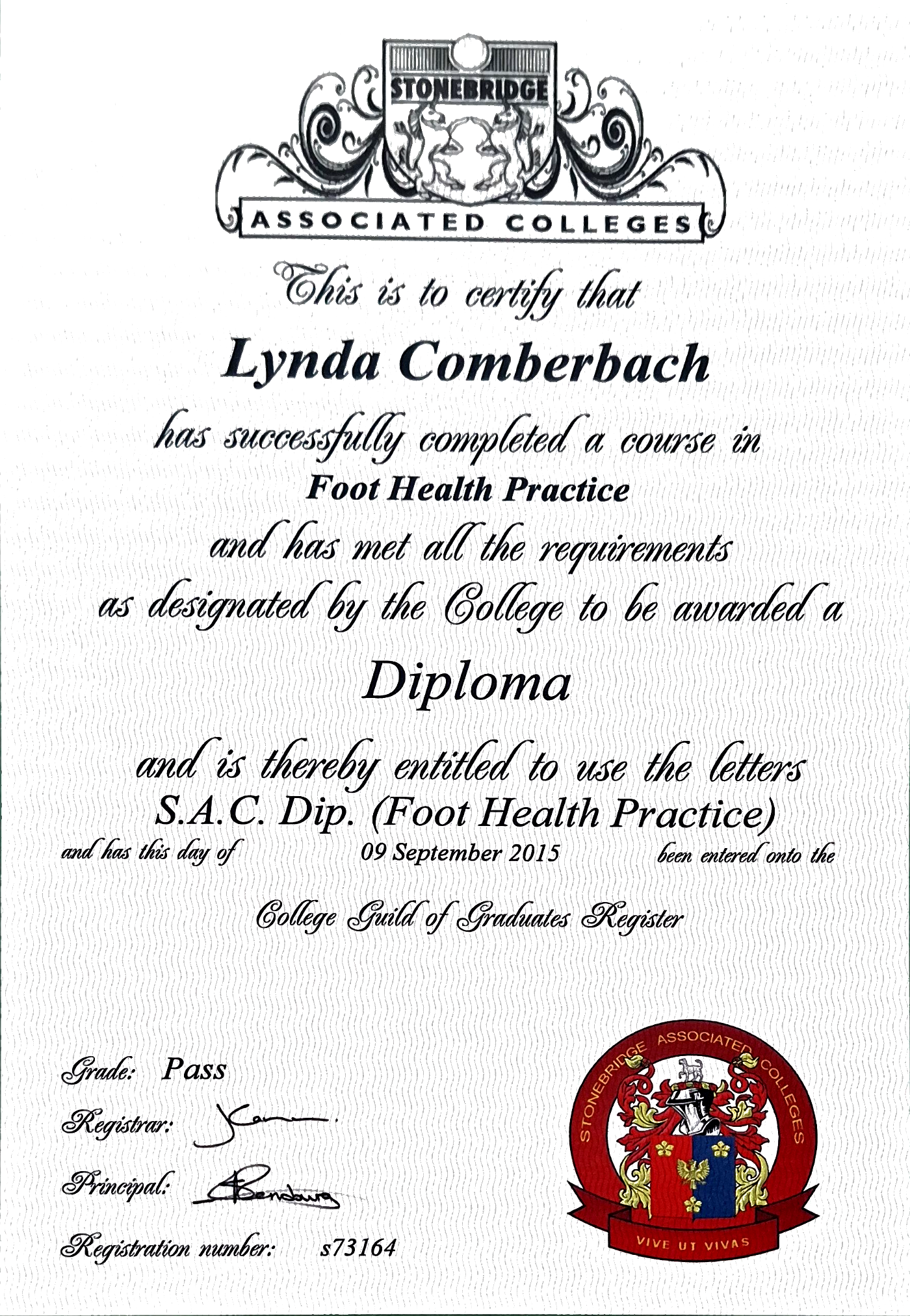 S.A.C. Dip. Foot Health Practice certificate