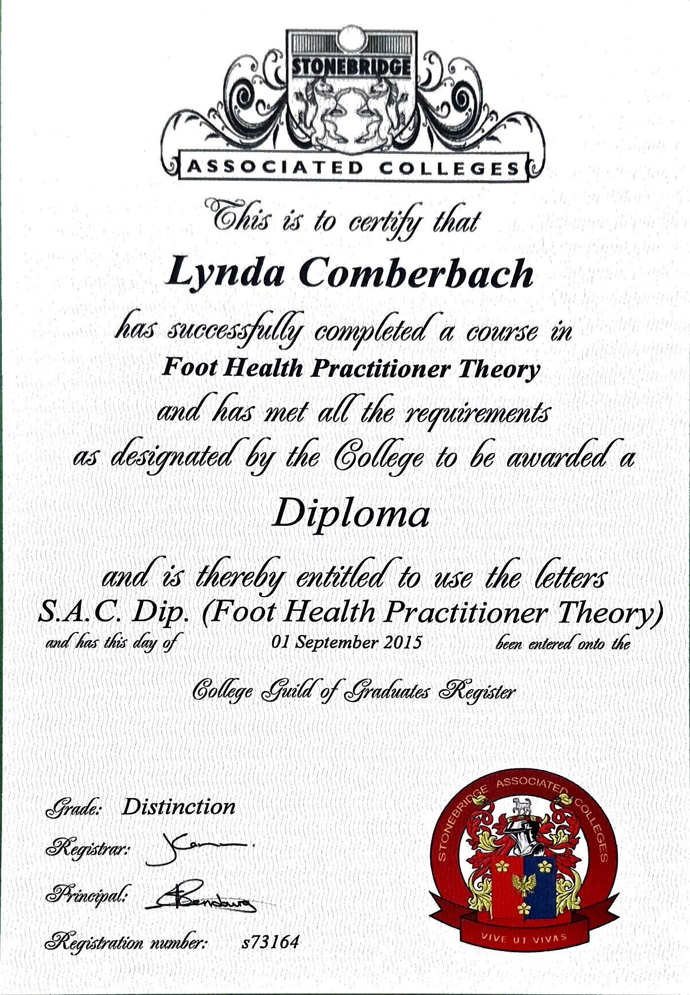 S.A.C. Dip. Foot Health Practitioner Theory certificate