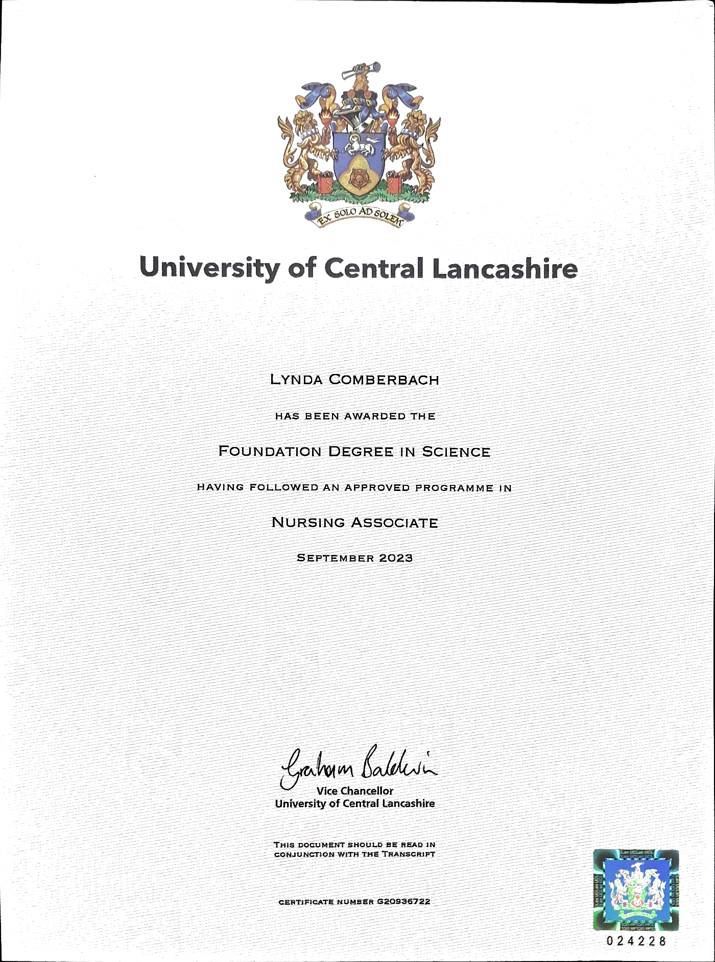 Foundation Degree in Science certificate