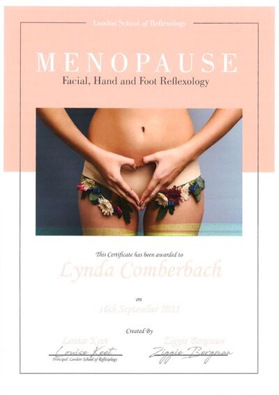 Menopause Facial, Hand and Foot Reflexology certificate awarded to Lynda Comberbach by the London School of Reflexology, 2025