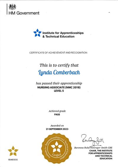 Nursing Associate NMC 2018 Level 5 certificate of achievement and recognition awarded to Lynda Comberbach, 2023