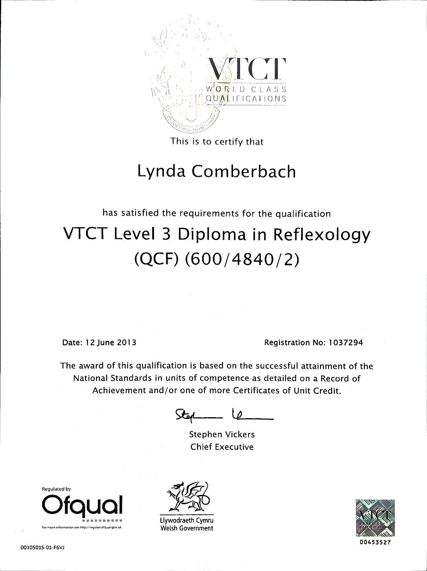 VTCT Level 3 Diploma in Reflexology certificate