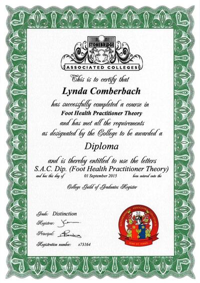 S.A.C. Dip. Foot Health Practitioner Theory diploma awarded to Lynda Comberbach with Distinction, 2015