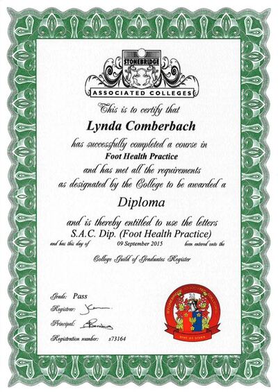 S.A.C. Dip. Foot Health Practice certificate awarded to Lynda Comberbach, Stonebridge Associated Colleges, 2015