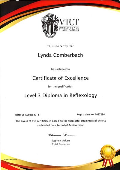 VTCT Certificate of Excellence for the Level 3 Diploma in Reflexology awarded to Lynda Comberbach, 2013