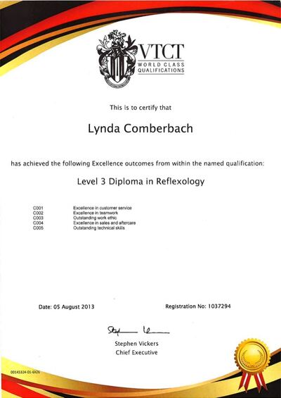 VTCT Level 3 Diploma in Reflexology excellence outcomes certificate awarded to Lynda Comberbach, 2013