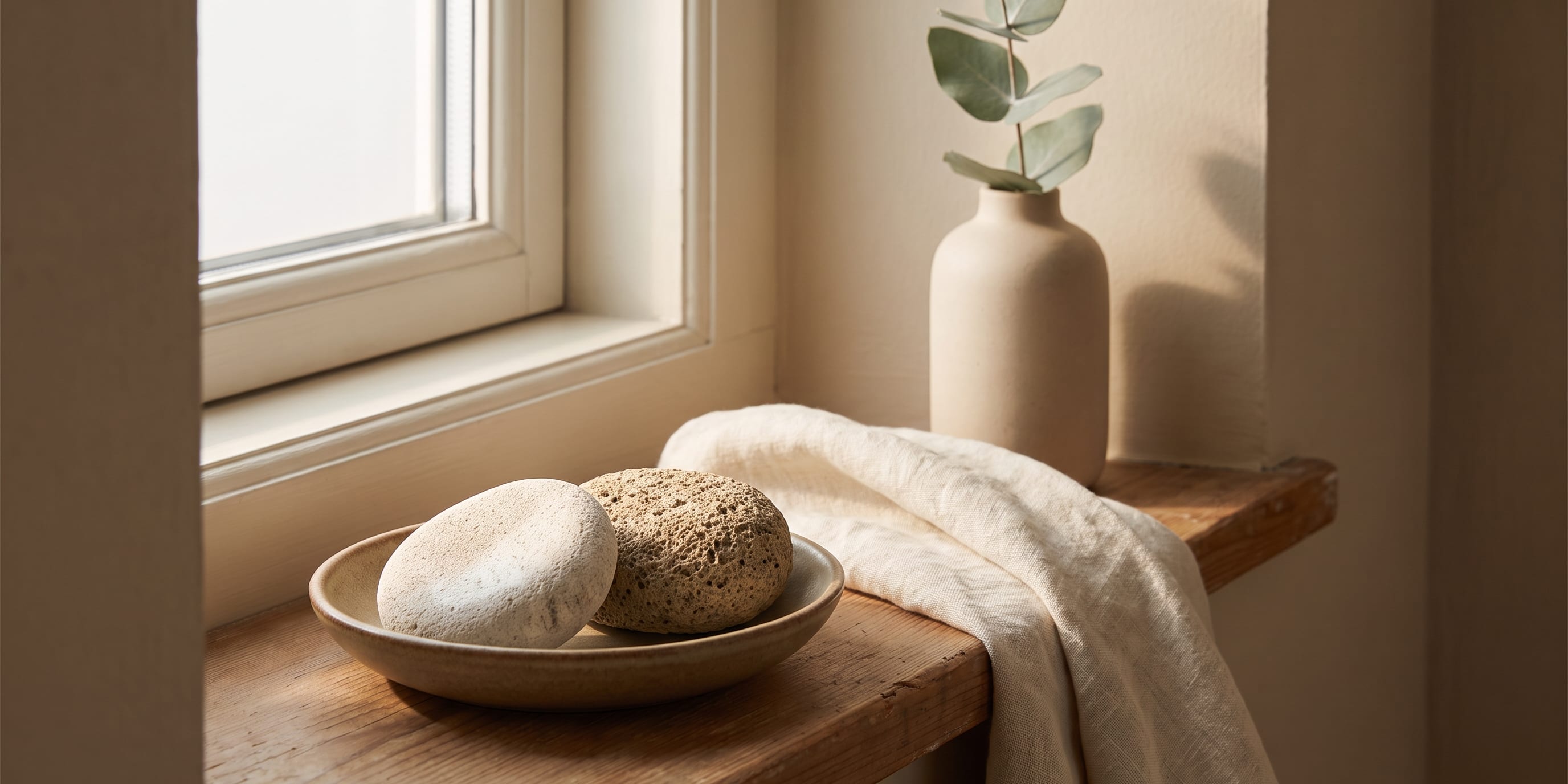 Two stones and a folded linen cloth rest on a ceramic dish on a wooden window sill beside a small vase with eucalyptus leaves.