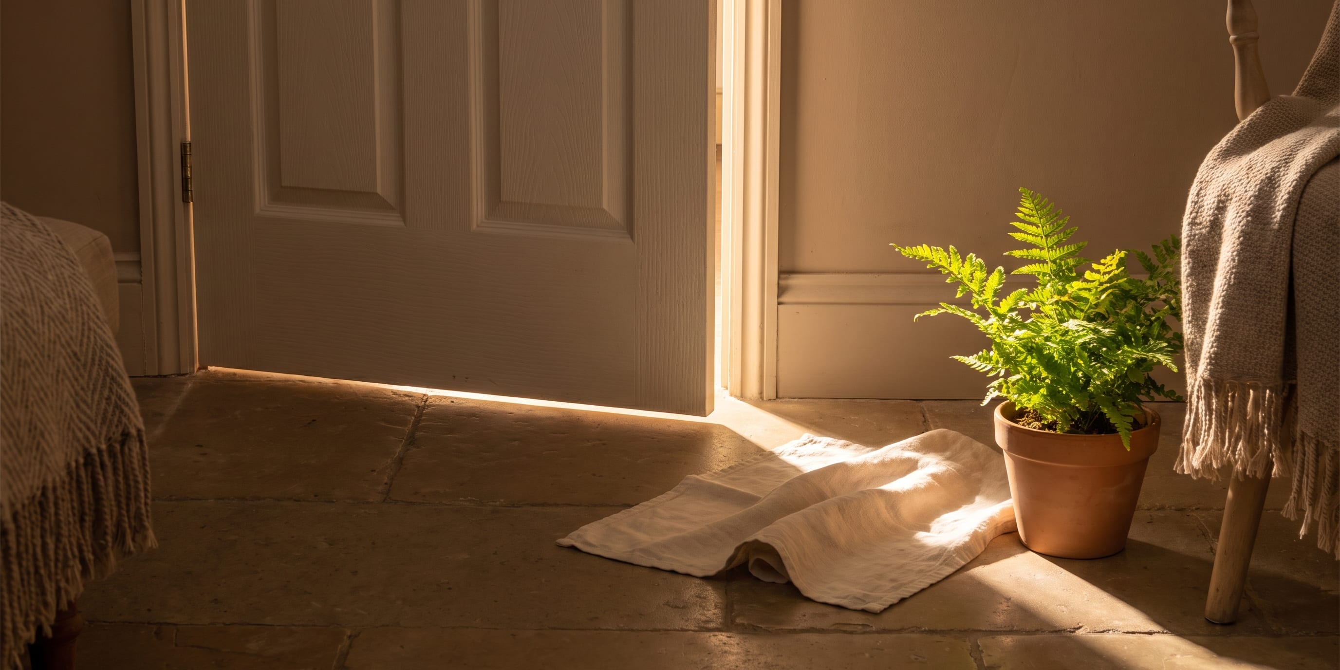 A folded cream towel lies on a stone floor near an open white door, beside a terracotta pot with a fern, with a wooden chair and throw blanket in the foreground.