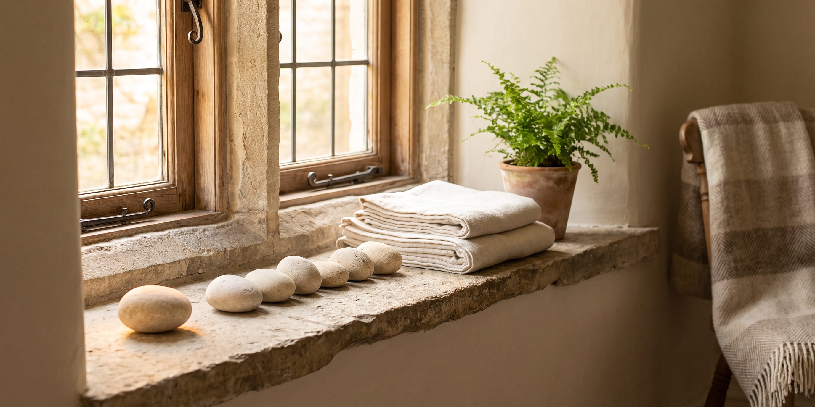 A row of smooth pale pebbles and folded linen towels on a stone windowsill beside a potted fern and a checked throw on a chair.
