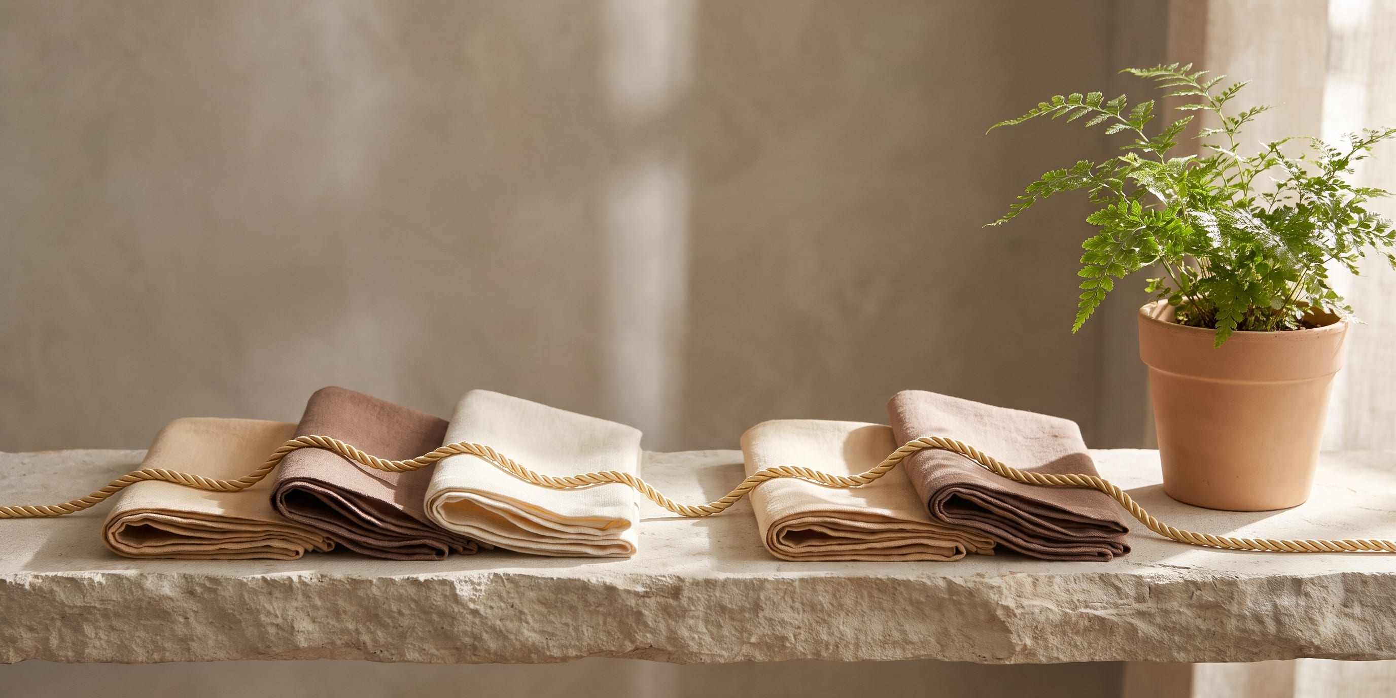 A row of folded linen cloths on a stone shelf with one gap in the sequence, a gold cord running beneath and connecting all the cloths across the gap, with a small potted fern at the end of the row.