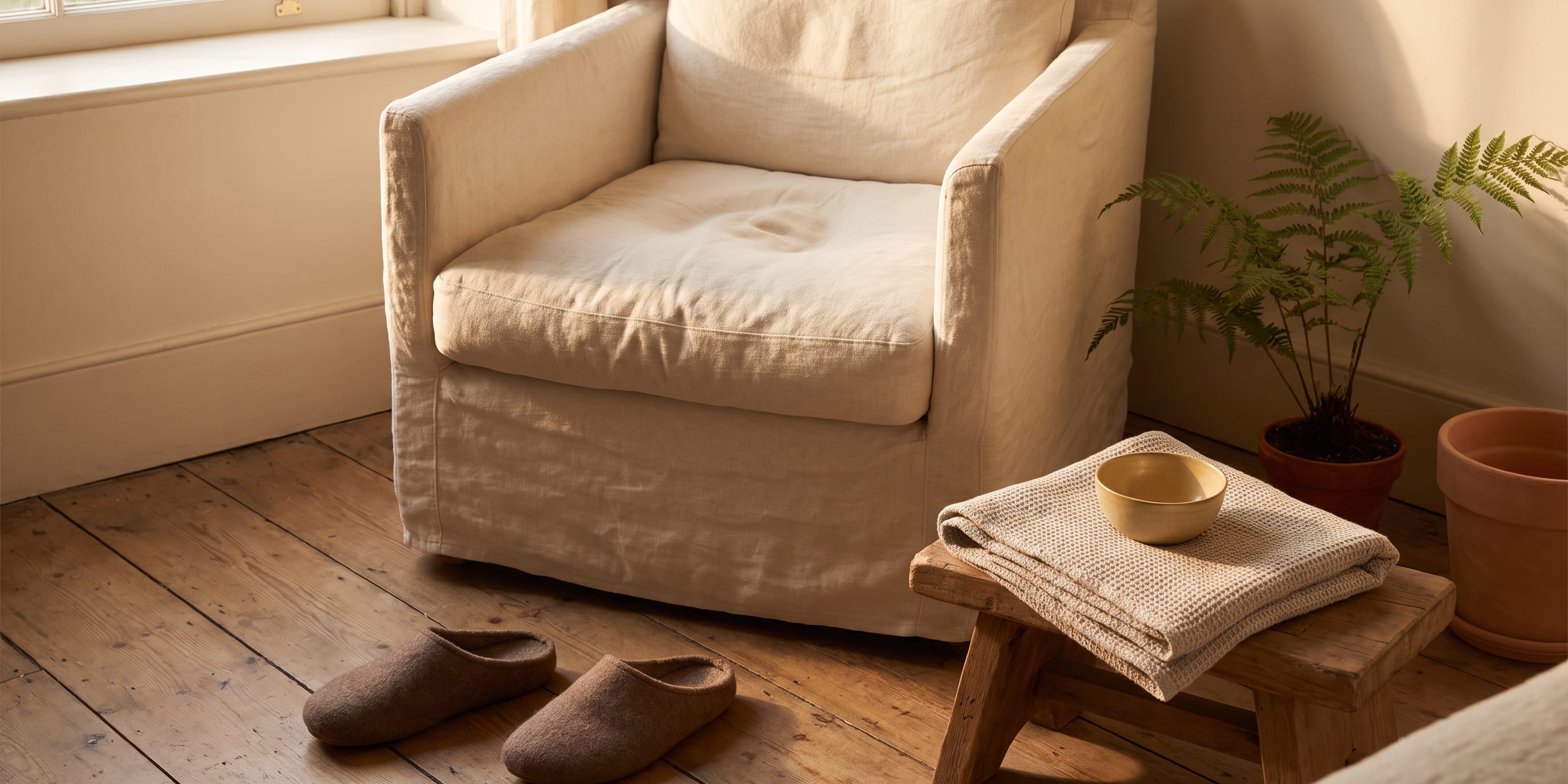 A cream linen armchair beside a window with brown felt slippers on a wooden floor, a small wooden stool holding a folded waffle-weave throw and a yellow ceramic bowl, and a potted fern in the corner.