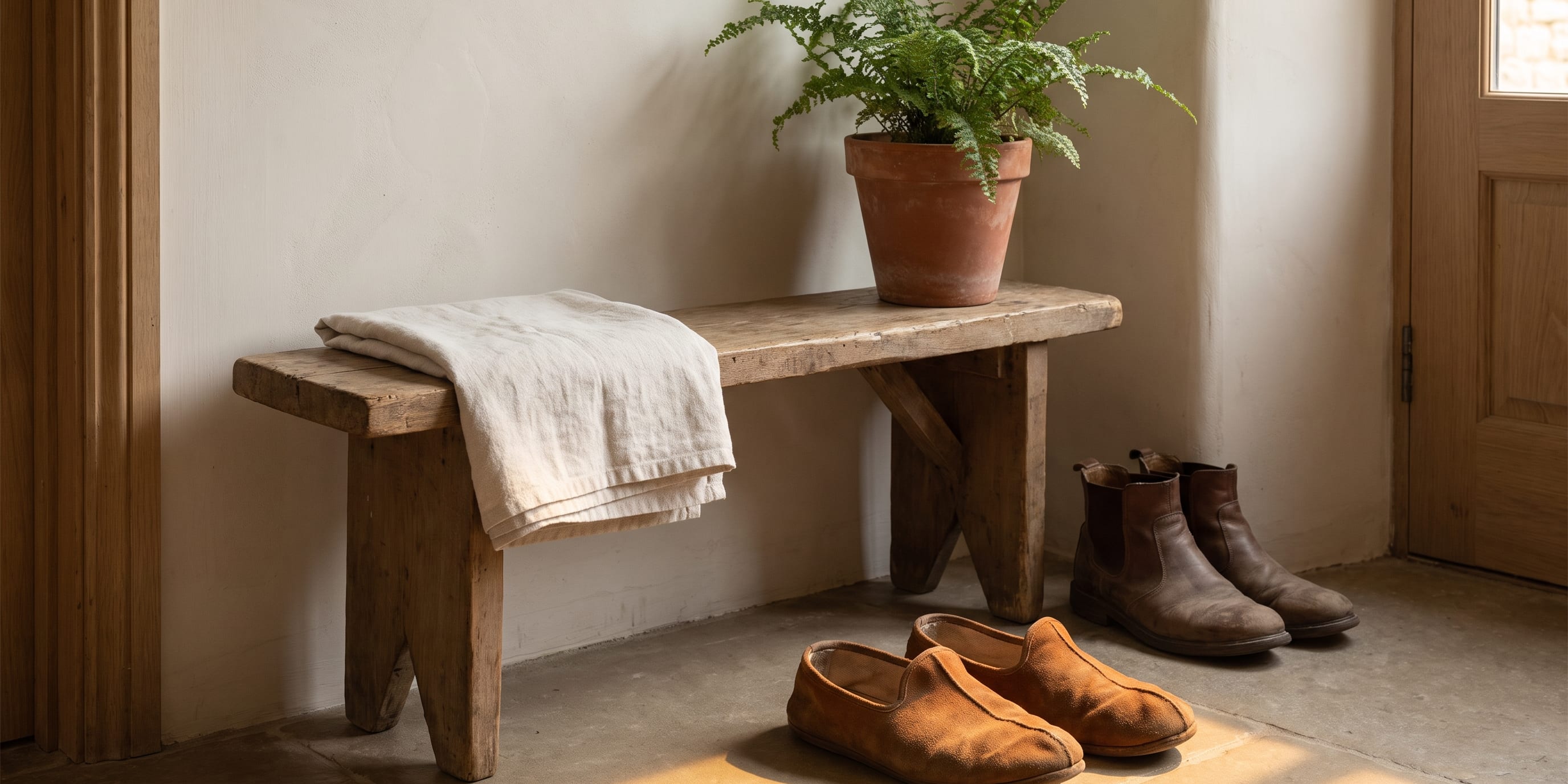 A rustic wooden bench holding a folded linen cloth and a potted fern, with a pair of brown ankle boots and tan suede slip-on shoes on the floor nearby.